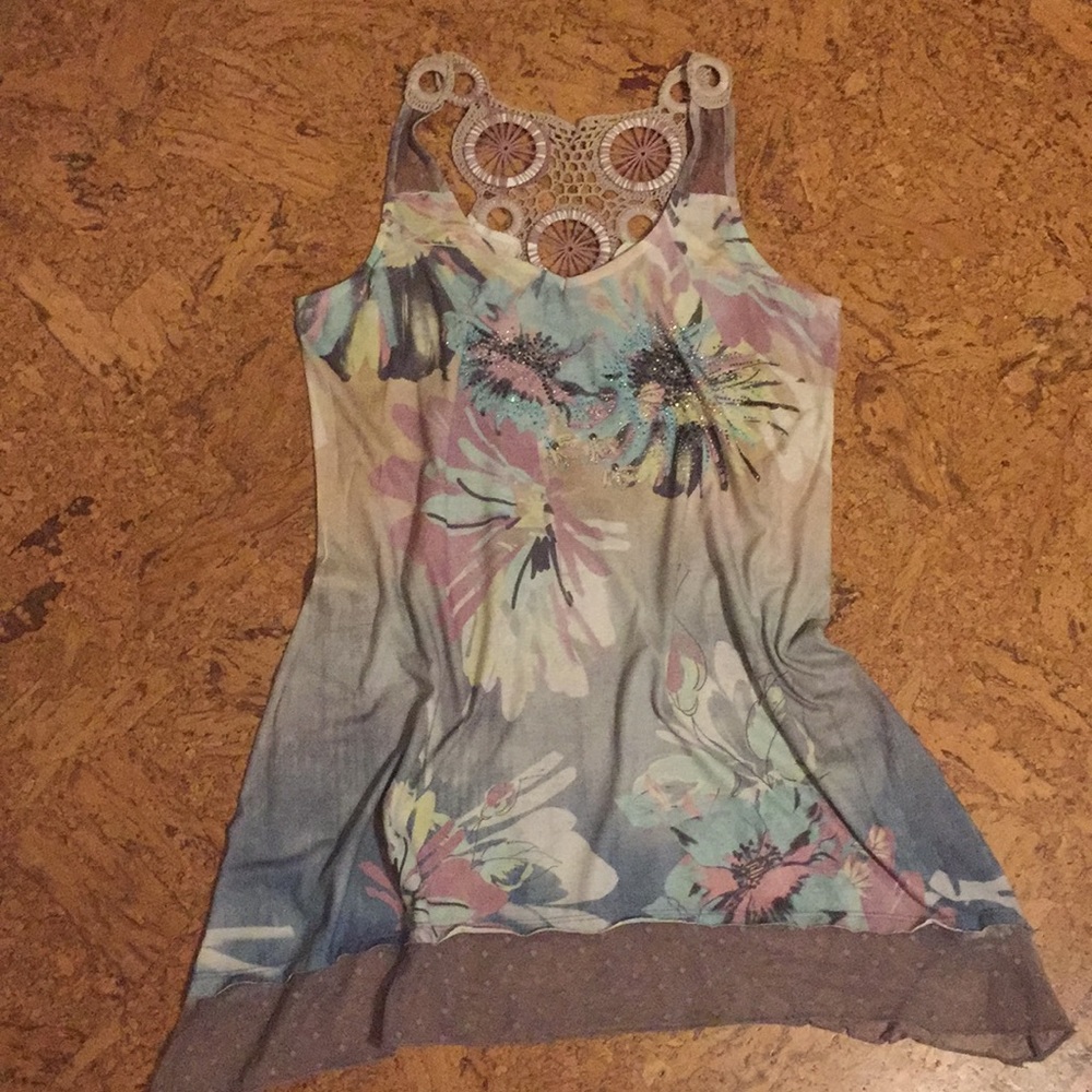 Tank with lace trim and intricate back